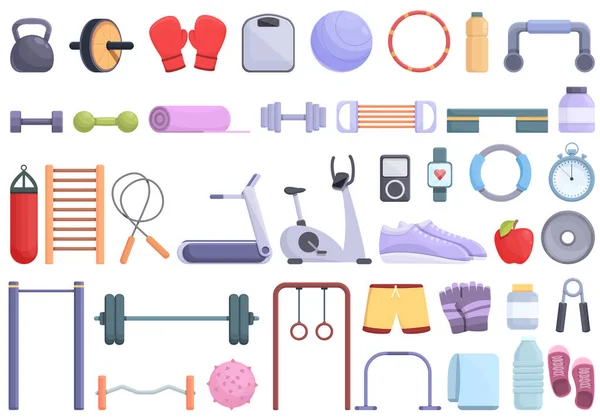 Fitness equipment icons set cartoon vector. Healthy gym — стоковый вектор