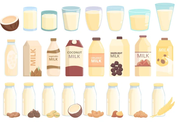 Vegetable milk icons set cartoon vector. Almond soy — Vetor de Stock