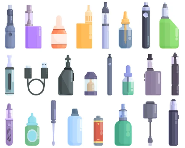 E-cigarette accessories icons set cartoon vector. Liquid cotton — Stok Vektör