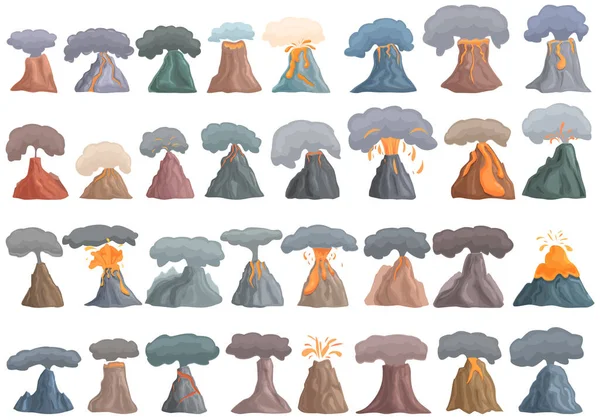 Volcanic eruption icons set cartoon vector. Volcano adventure — Stockvector