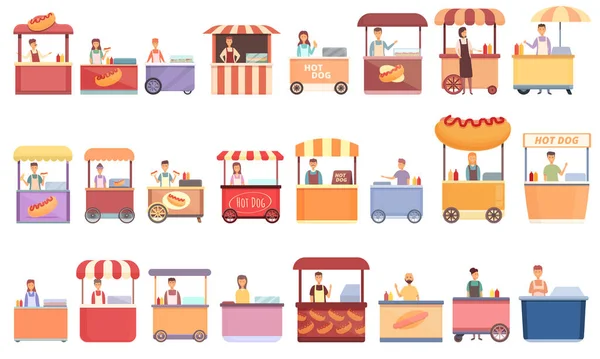 Hot dog seller icons set cartoon vector. Kiosk stand — Stock vektor