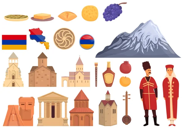 Armenia icons set cartoon vector. Tourism architecture — Vector de stock