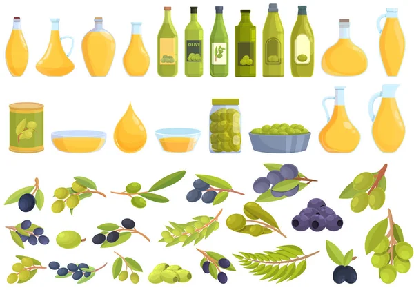 Iconos de aceite de oliva conjunto vector de dibujos animados. Alimentos para árboles — Vector de stock