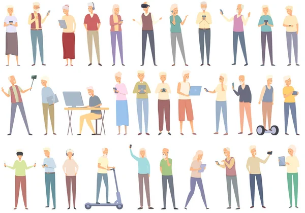 Old people using modern technology icons set cartoon vector. Adult age — стоковый вектор