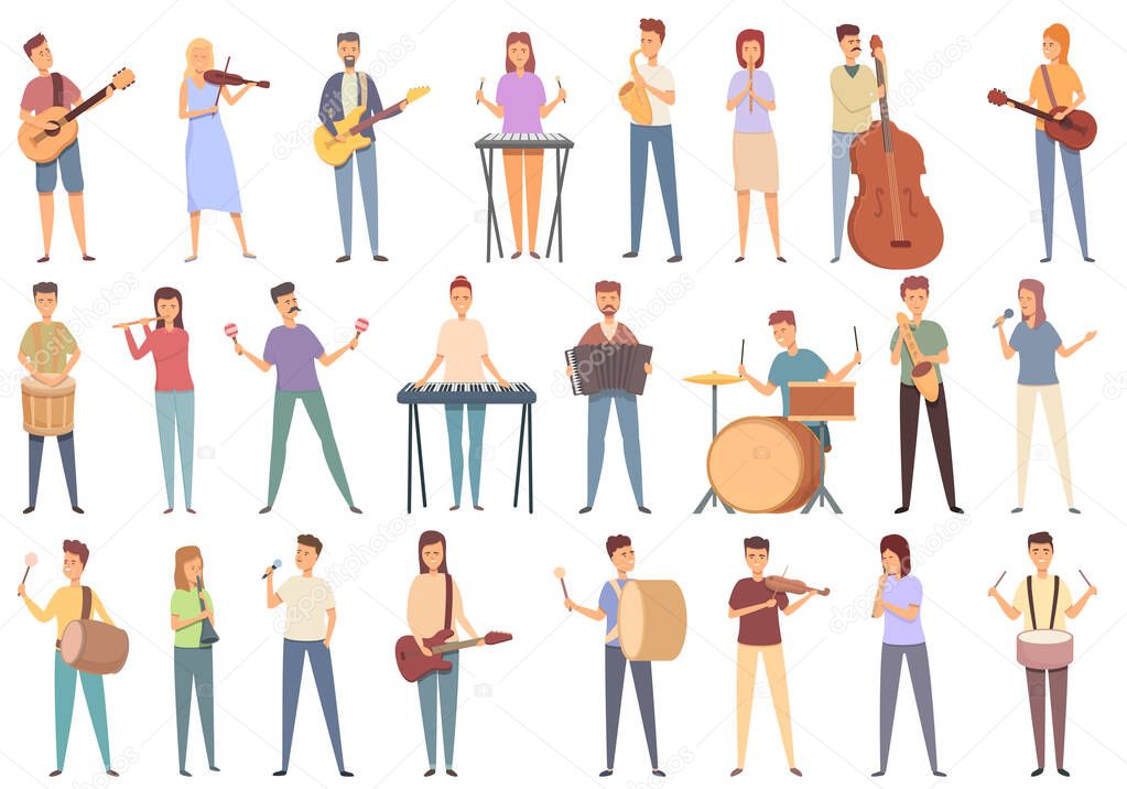 Street musicians icons set cartoon vector. Music people