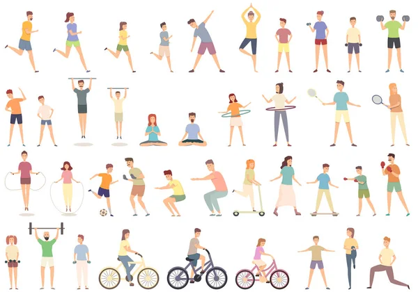 Family sport activity icons set cartoon vector. Home exercise Royalty Free Stock Illustrations