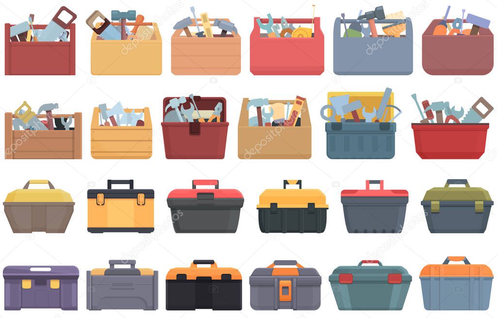 Toolbox icons set cartoon vector. Tool equipment