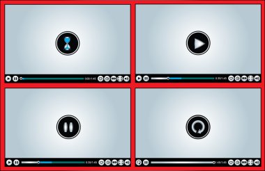 Web or Internet based Glossy Video Player different versions - Buffering, Play, Pause and Replay illustration with different buttons (Like, watch later, HD, Full Screen Mode, Volume Control) clipart