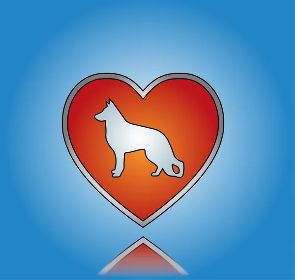 Hou van hond concept illustratie met rood hart met een donker blauwe graident achtergrond — Stockvector