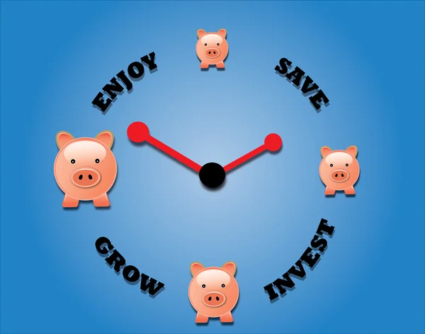 Piggy bank symbols and a clock symbol. — Stock Vector