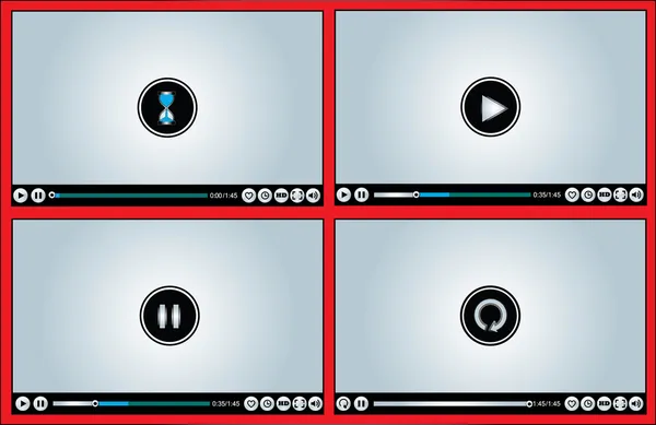 Web or Internet based Glossy Video Player different versions - Buffering, Play, Pause and Replay illustration with different buttons (Like, watch later, HD, Full Screen Mode, Volume Control) — Stock Vector