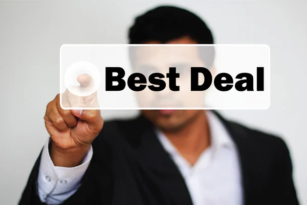 Profissional masculino escolhendo o botão melhor negócio clicando no botão branco brilhante — Fotografia de Stock