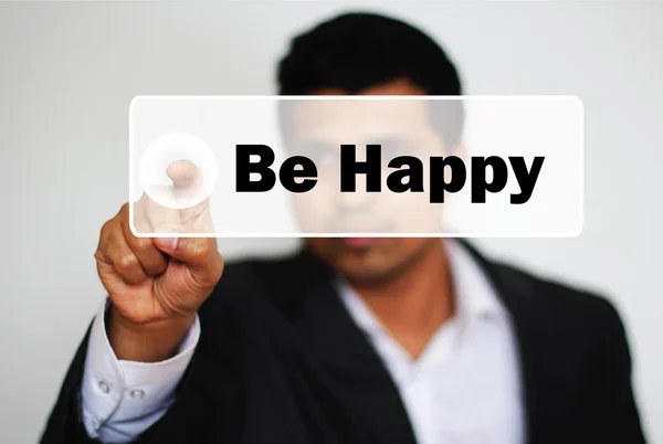 Male Professional Choosing to Be Happy by Clicking on the bright White Button — Stock Photo, Image