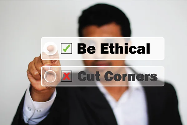 Male Professional Choosing to be ethical instead of cutting corners by Clicking on a bright White Button — Stock Photo, Image