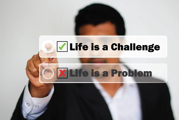 Male Professional Choosing to view Life as a Challenge instead of viewing life as a Problem by Clicking on a White Button — Stock Photo, Image