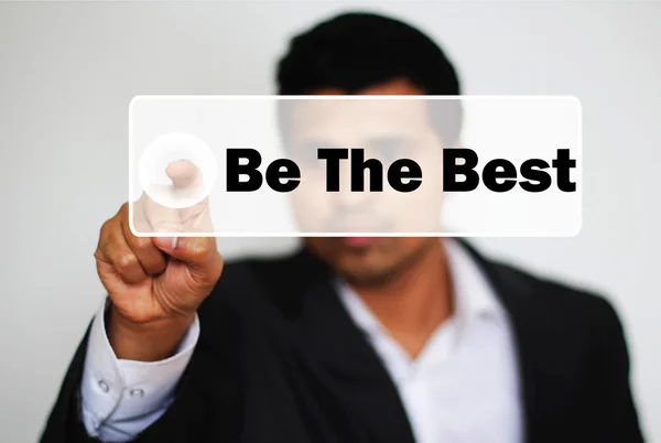 Male Professional Choosing to Be the Best by Clicking on a White Button — Stock Photo, Image