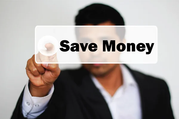 Profissional masculino escolhendo salvar a opção de dinheiro clicando em um botão branco — Fotografia de Stock