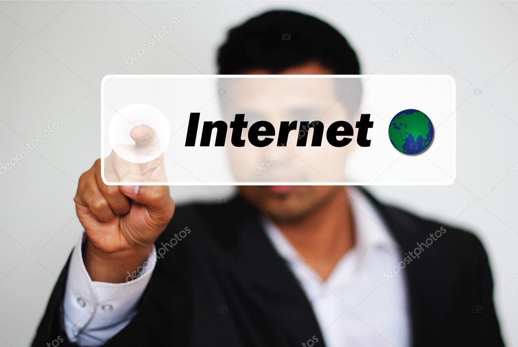 Male Professional Choosing Internet by Clicking on the bright White Button