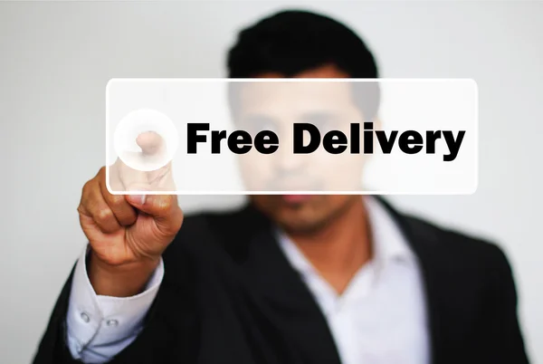 Maschio Professional Scegliere l'opzione di consegna gratuita facendo clic su un pulsante bianco — Foto Stock