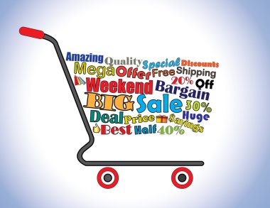 Alışveriş sepeti illüstrasyon: Mega veya büyük hafta sonu Satılık alışveriş sepeti afiş satış ile ilgili tüm anahtar metinleri ile