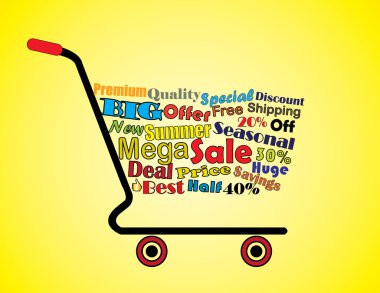 Alışveriş sepeti illüstrasyon: Mega veya büyük yaz Satılık alışveriş sepeti afiş satış ile ilgili tüm anahtar metinleri ile
