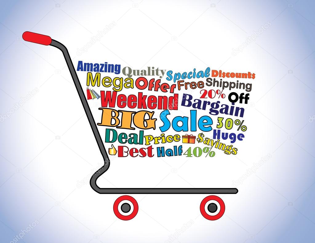 Shopping Cart Illustration: Mega or Big Weekend Sale Shopping Cart Banner with all key texts related to Sale