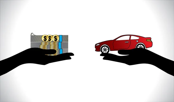 Ilustrace půjčky auto nebo auto platby pomocí rukou siluety, dolar mince a poznámky a krásné červené auto — Stock fotografie