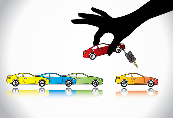 Car Sale or Car Key Concept Illustration : A hand silhouette choosing red colored car with automatic key from a number of colorful cars display for sale