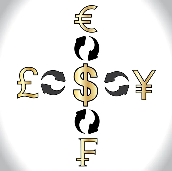 Concept Illustration of Global Forex Trading between 5 major currencies of the world - American Dollars, Japan's Yen, Swiss Francs, British Pound and European Euro — Stock Photo, Image