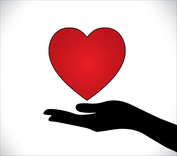 Srdce, péči a ochranu srdce nebo láska ochranu koncept ilustrace: silueta A ruka drží krásné červené srdce uprostřed s jasně bílým pozadím — Stock fotografie