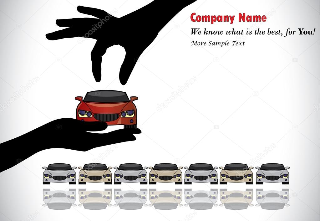 Best Car Sale or Car Key Concept Illustration : A hand silhouette choosing red colored car offered by the sales rep from a number of cars display for sale