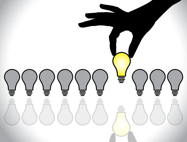 Hand selecting a bright light bulb idea from a list of dull colored bulb available for selection - concept illustration — Stock Photo, Image