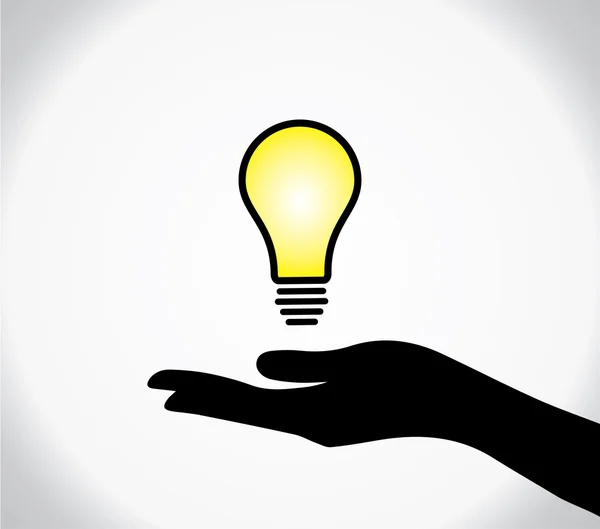 Concept design illustration of A human hand silhouette sharing of bright and glowing yellow idea or solution light bulb — Stockfoto