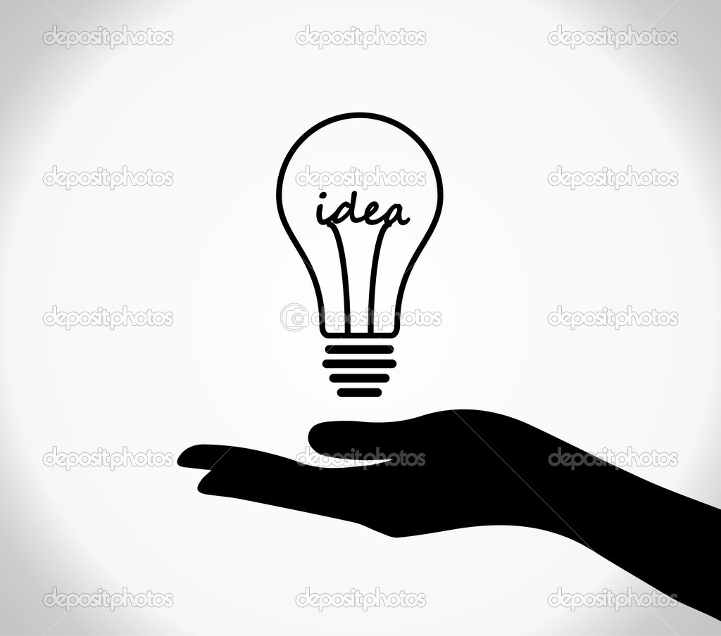 Concept design illustration of A human hand silhouette sharing of light bulb with idea text at the middle of the bulb