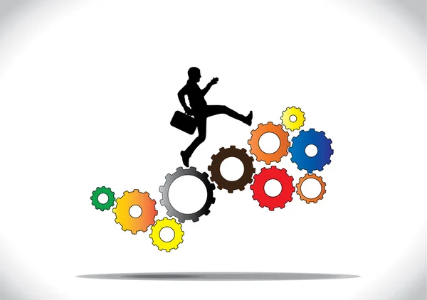 A profession businessman running up the colorful gears which are co-ordinating with each other to rotate synchronously with a bright white background - concept design illustration art