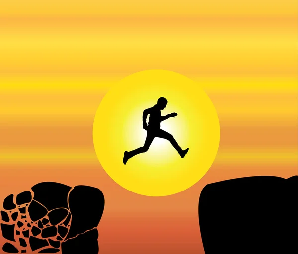 Concept design illustration art of young fit man jumping from a crumbing mountain rock to another safer rock on a bright orange morning or evening sky and yellow sun in the background — Stock Photo, Image