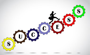 A businessman making significant progress by climbing set of colorful gears with success text with bright glowing white background - concept design illustration art