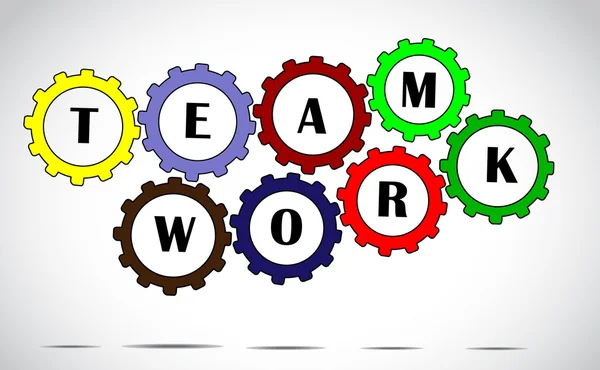 Team work text inside colorful gears placed next to each other with a bright white background - concept design illustration art