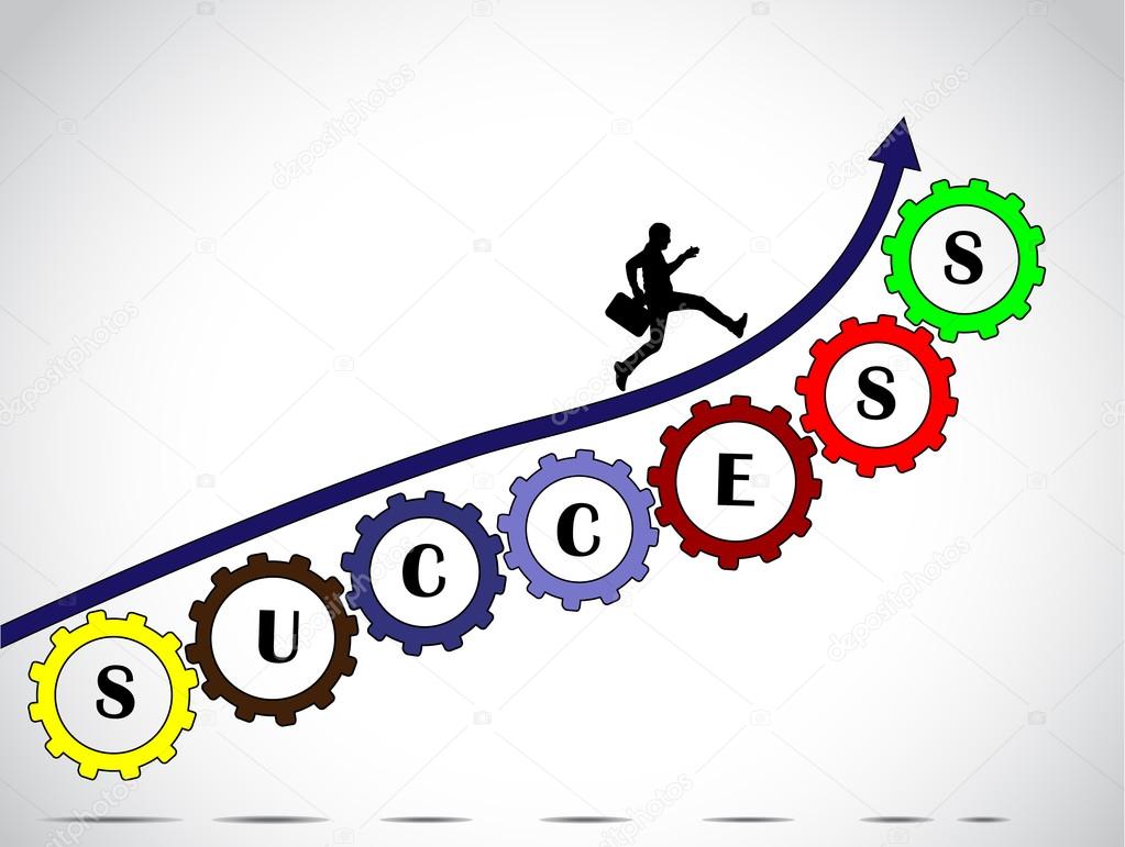 A businessman making significant progress by climbing on a arrow along set of colorful gears with success text with bright glowing white background - concept design illustration art