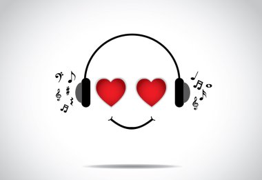 Young happy persion illustration of listening to great music with heart shaped eyes - love music concept design illustration unusual art