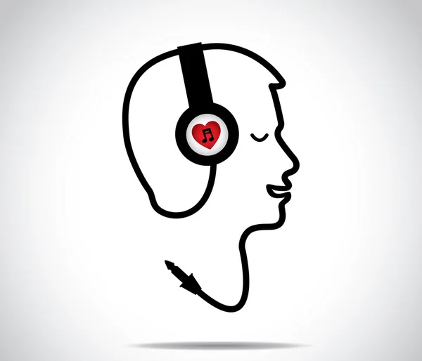 Fones de ouvido com símbolo de música de amor e seu acorde moldado na forma de um jovem ouvindo e desfrutando de canções musicais com olhos fechados: design conceitual ilustração arte — Fotografia de Stock