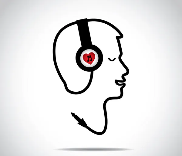 Auriculares con símbolo de la música del amor y su acorde en forma de un joven escuchando y disfrutando de canciones musicales con los ojos cerrados: diseño conceptual ilustración ilustración —  Fotos de Stock