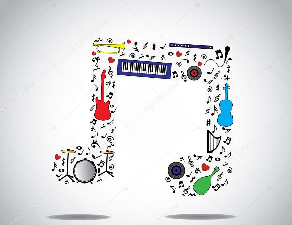 Music note icon made up of different musical instruments and notes with a bright white background : concept design illustration unusual art