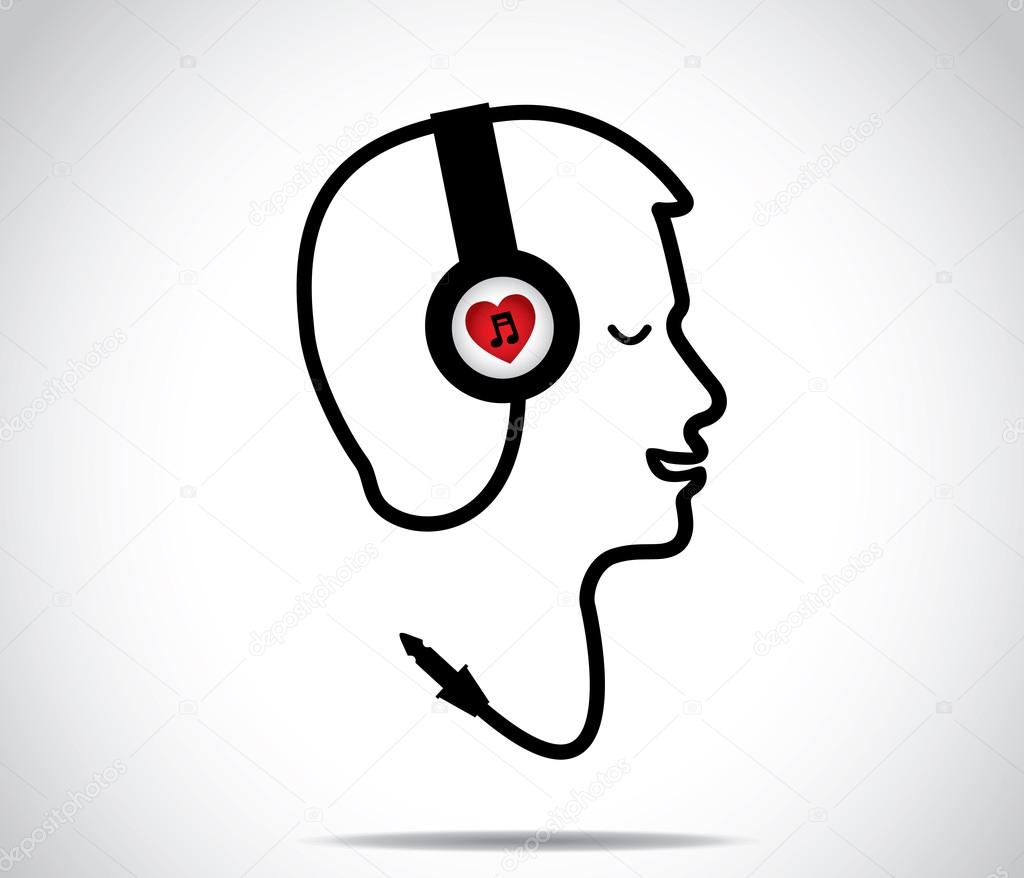Headphones with love music symbol and its chord shaped in the form of a young man listening to and enjoying musical songs with closed eyes : concept design illustration artwork