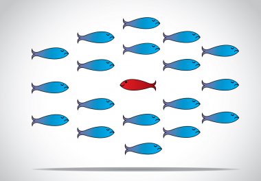 A sharp smart alert happy red fish with open eyes going in the opposite direction of a group of sad blue fishes with closed eyes : Be different or unique concept design illustration