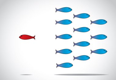 A sharp smart alert happy red fish with open eyes going in the opposite direction of a group of sad blue fishes with closed eyes : Be different or unique concept design illustration