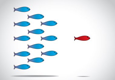 A sharp smart alert happy red fish with open eyes leading a group of happy blue fishes with closed eyes : leader or Leadership concept design illustration