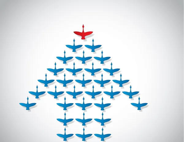 Leadership and Teamwork Concept design Illustration unusual art : A number of Swans flying against a Bright white background lead by a big dark red leader swan Silhouette