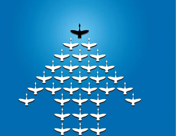 Leadership et travail d'équipe Concept design Illustration art insolite : Un certain nombre de cygnes volant sur un fond d'eau bleu vif dirigé par un grand cygne noir Silhouette — Photo