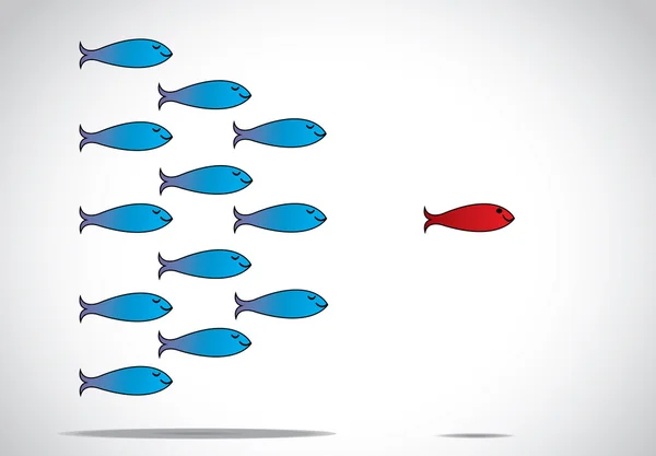 Une alerte intelligente pointue poisson rouge heureux avec les yeux ouverts menant un groupe de poissons bleus heureux avec les yeux fermés : illustration de conception de concept leader ou leadership — Photo